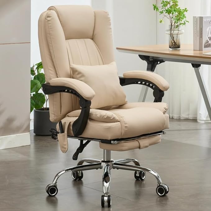 Orbis 4-Point Kneading Heated Massage Office Chair with Foot Rest | 500lbs Big & Tall Ergonomic Executive Desk Chair for Heavy People | Reclining Home Office Computer Chair | Leather Beige