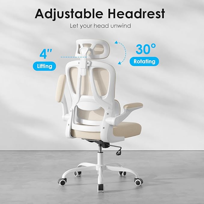 Breathable All-Mesh Ergonomic Chair with Headrest - High Back Desk Chair for Cool, Sweat-Free Work Sessions, Silent Casters Perfect for Bedroom Office (Khaki)