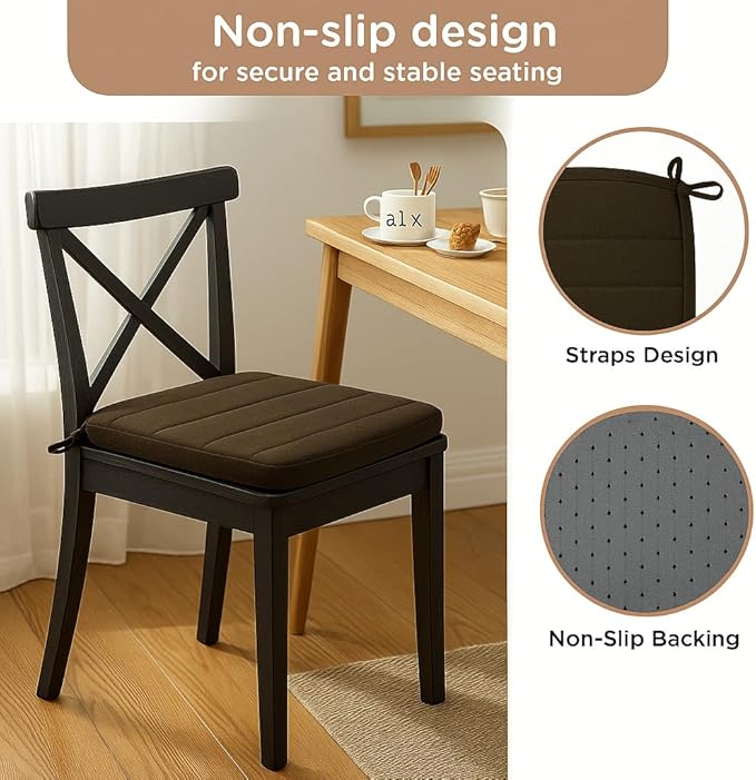 Codi Dining Chair Cushions Set of 4 - Foam Pads for Kitchen and Indoor Room Chairs 2'' Thick - 16x17 inch, Washable Seat Cushions with Ties - Brown, 4 Pack