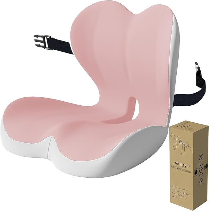 Orthopedic Memory Foam Seat Cushion with Adjustable Strap, Coccyx & Sciatica Pain Relief, Washable Non-Slip for Long Sitting, Ergonomic Posture Support for Office Chair, Car & Wheelchair (Pink Grey)