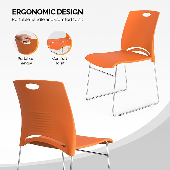 VINGLI Stacking Chairs Set of 12 Stackable Office Chairs with Metal Sled Base, Ergonomic Plastic Seat, Stacking Chairs for Waiting Room Break Room Banquet Guest, Orange