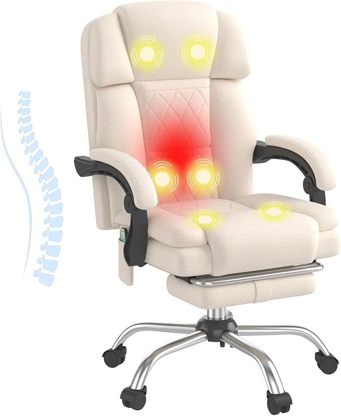 HOMREST 6-Point Massage Office Chair with Heat, Ergonomic Reclining Desk Chair with Footrest, Soft Chenille Fabric Executive Chairs for Home Office, Comfortable Computer Chair Gift for Women, Beige