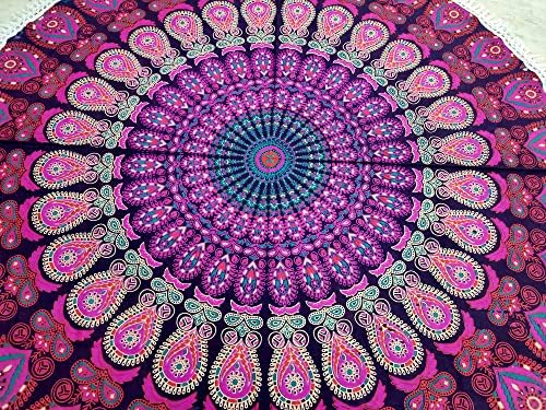 Round Beach Tapestry Turquoise Mandala Throw/Boho Hippie Beach Blanket Roundie/Indian Cotton Bohemian Large Round Table Cloth-Home Decor/Yoga Mat Meditation Picnic Rug (70", White And Pink)