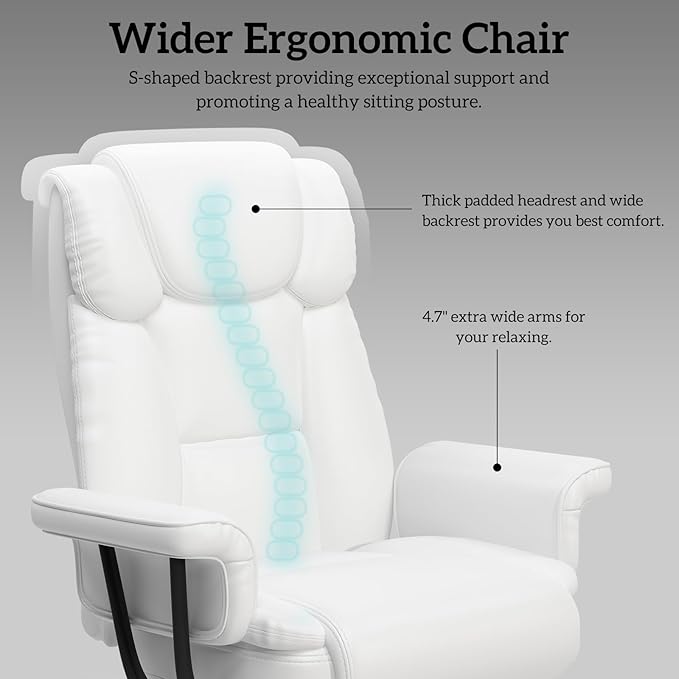 GYI 160° Reclining Office Chair with Footrest, Big and Tall High Back Home Office Chair, Leather Computer Desk Chair with Cross Legged Seat, Arms, Wheels, White