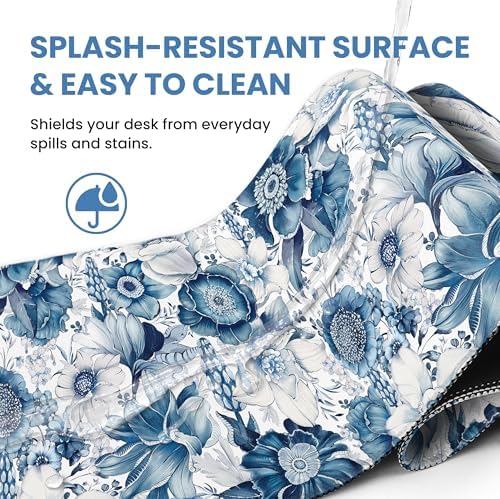 Aesthetic Desk Mat, Cute Blue Floral Desk Pad Protector for Work & Decor, 31.5" x 11.8", Pretty Non-Slip Extended Mouse Pad for Office or Home
