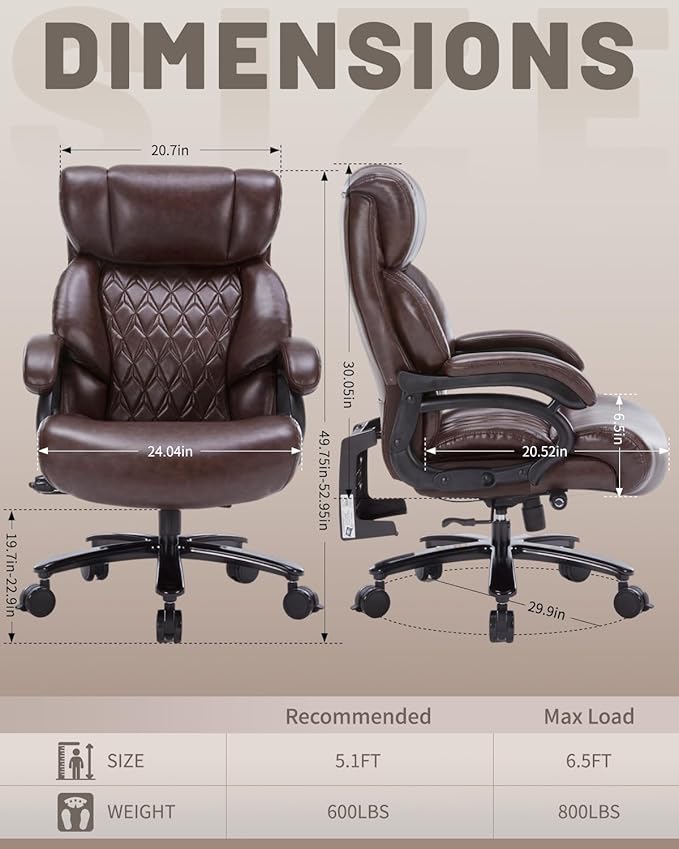800LBS Heavy Duty Office Chair & Massage Footrest Big & Tall Executive Chair with Adjustable Lumbar Support, PU Leather, Extra Wide Seat for Comfort