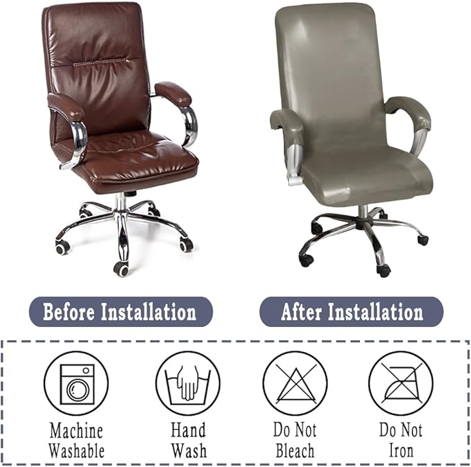 ITFRO Waterproof Office Chair Cover with Armrest Covers Taupe PU Leather Computer Desk Chair Cover with Zipper Universal Rotating Gaming Chair Slipcover High Back Chair Seat Protector (Taupe)