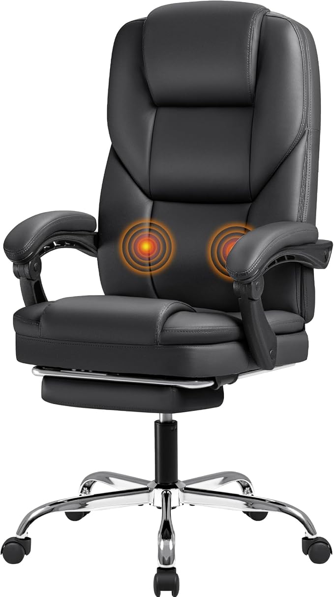 Furmax Massage Office Chair with Foot Rest Executive Big and Tall Office Chair Ergonomic Home Office Desk Chairs, Reclining High Back Leather Chair with Lumbar Support, 400LBS (Black)