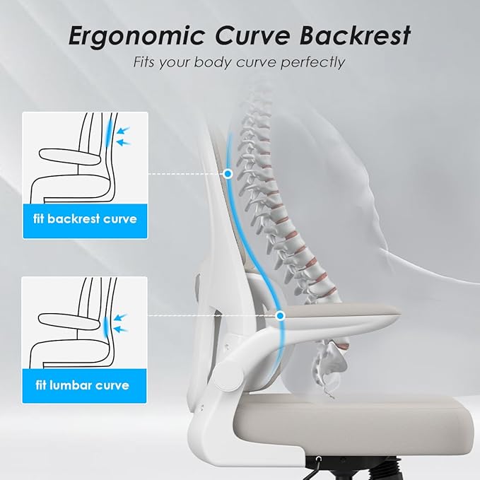 Soohow Office Chair, Mesh Ergonomic Office Chair with Lumbar Support, Comfy Computer Desk Chair with Flip Armrest Rolling Wheels for Home Study Room Office, White & Khaki