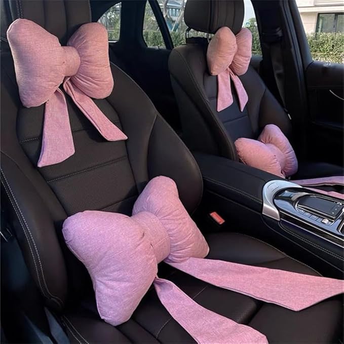 LYFJMUS 4 Pack Butterfly Bow Car Headrest Pillow Set Car Seat Neck Pillow and Lumbar Support Pillow Cotton Linen Car Headrest Pillow Set for Driving Travelling Office Home Decor