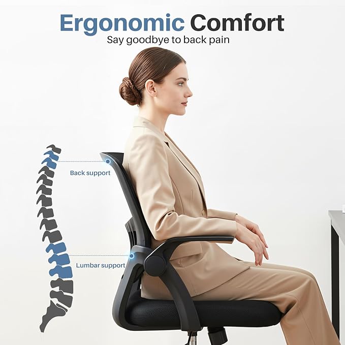DUMOS Home Office Desk Chair - Ergonomic Computer Mesh Chair with Lumbar Support & Rocking Mode, Height Adjustable, Flip-up Armrest, for Conference, Meeting Room, 360° Swivel, Adults, Black