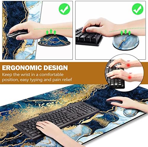 Upgraded Extended Gaming Mouse Pad, Keyboard Wrist Rest Pad, Wrist Support Mousepad Set, Artso Large Stable Rubber Base Stitched Edges, Multifunctional Desk Pad (35 x15.5 in), Blue Marble