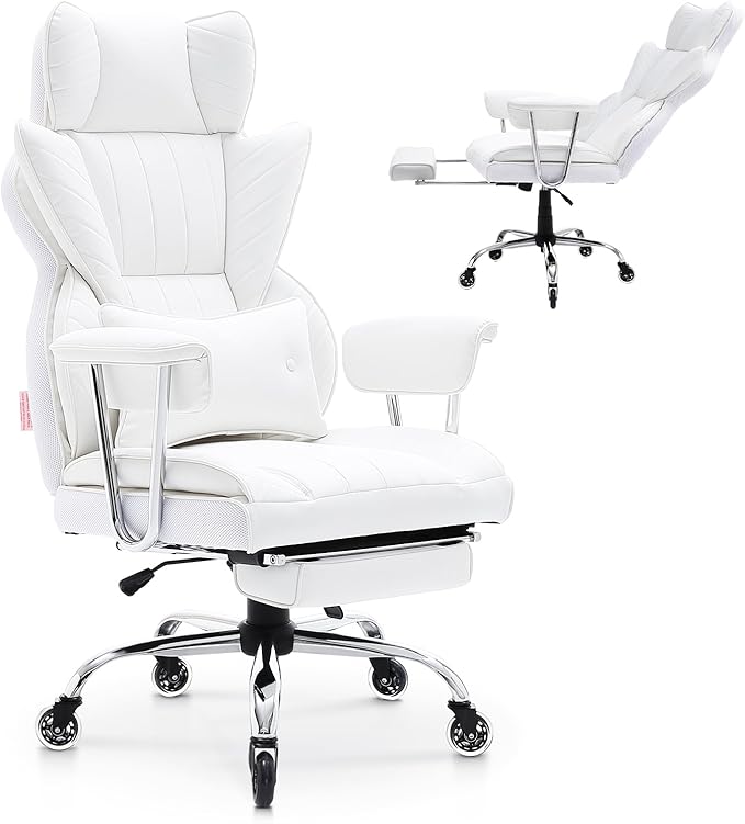 VEVOR Reclining Office Chair with Footrest, Heavy Duty PU Leather Oversize Office Chair, Big and Tall Executive Office Chairs with Lumbar Support, Strong Metal Base Quiet Wheels, White