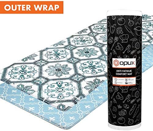 OPUX Anti Fatigue Kitchen Floor Mat, Reversible Cushioned Memory Foam Kitchen Rug Pad, Waterproof Non-Slip Padded Comfort Standing Mat Office Laundry Home, 47x17 (Floral Tile Blue)