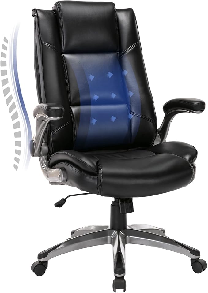 COLAMY Leather Executive Office Chair - High Back Ergonomic Home Computer Desk Chair with Padded Flip-up Arms, Adjustable Tilt Lock, Swivel Rolling Chair for Adult Working Study, Black