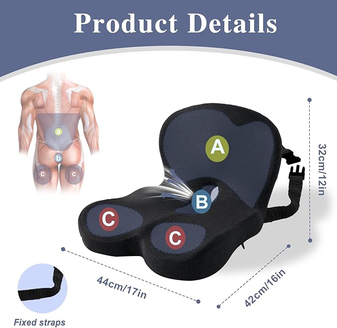 Ergonomic Seat Cushion with Adjustable Strap, Memory Foam Office Chair Seat Cushion with L-Shaped Design, Car Seat Cushion Fits for Truck Driver Semi Truck, Gaming Chair, Desk, Black