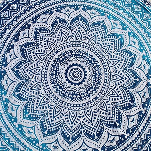Round Beach Tapestry Turquoise Mandala Throw/Boho Hippie Beach Blanket Roundie/Indian Cotton Bohemian Large Round Table Cloth-Home Decor/Yoga Mat Meditation Picnic Rug (42", Blue and White)
