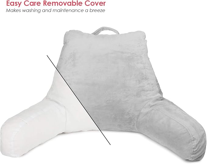 Clara Clark Reading Pillow with Shredded Memory Foam for Sitting Up in Bed and Couch, Back and Arms Adjustable Support for Adults & Teens Backrest Pillows for Reading, with Washable Cover Light Grey