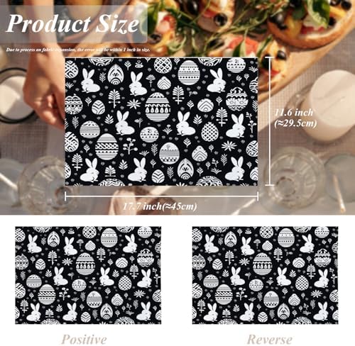 Shrahala Easter Eggs Rabbits Set of 4 12 X 18 Inch Linen Placemats, Black White with Eggs Rabbits Burlap Table Mat Washable Double Layered Heat Insulation for Indoor/Outdoor