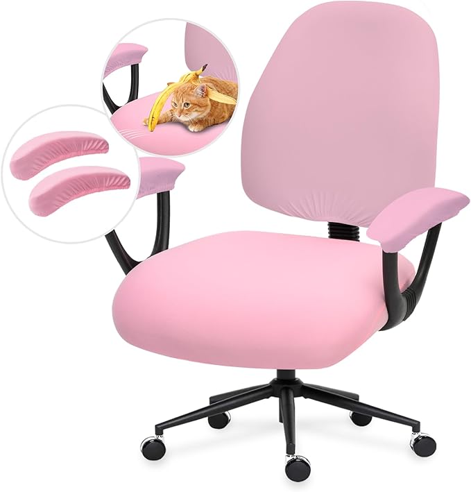 Stretchable Separate Office Chair Seat Covers - Universal Stretch Computer Chair Slipcover Rotating Backrest Coverings & Cushion Protectors & Armrest Covers for Dogs, Cats, Pets, Pink