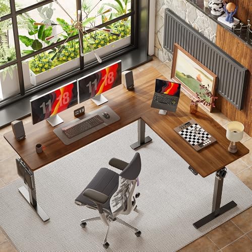 TIQLAB 75 x 61 inch L Shaped Standing Desk Adjustable Height, Electric Corner Standing Desk, Sit Stand Computer Table with Splice Board, Black Walnut