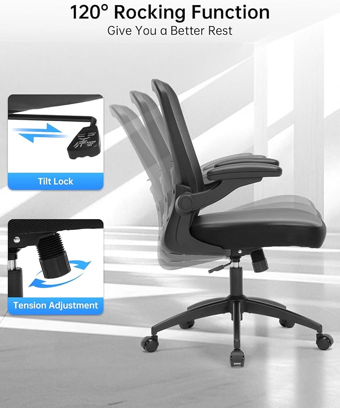 Ergonomic Office Chair Adjustable PU Leather Computer Chair with Lumbar Support,Flip-Up Arms, Breathable Mesh Back, Swivel Rolling Executive Desk Chair for Home Office, Black