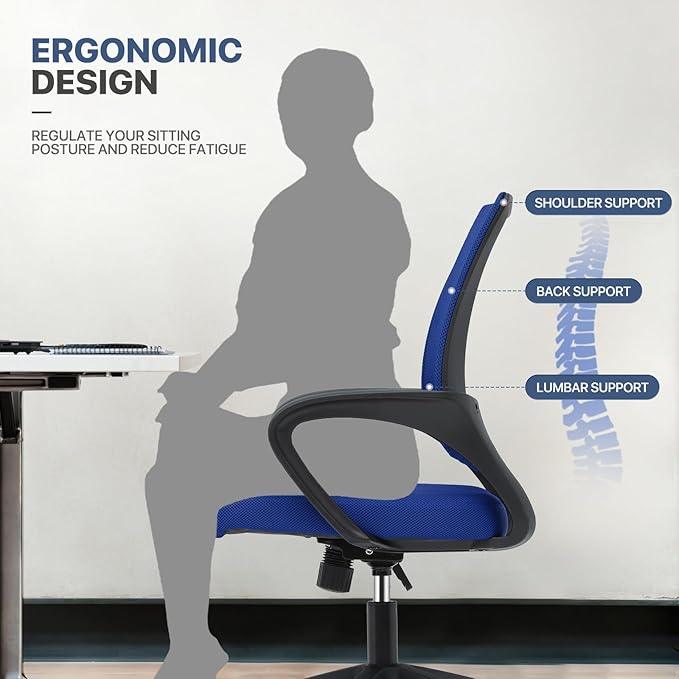 MoNiBloom Mesh Office Chair, Ergonomic Computer Chair for Adults, Rolling Swivel Mid-Back Desk Chair with Lumbar Support, Comfy Armrest for Home Office, Gaming, Blue