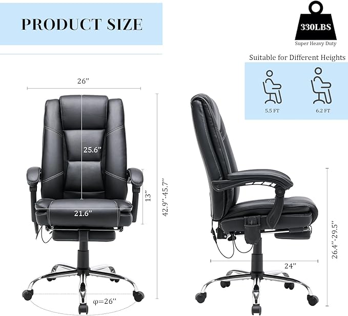 HOMREST Executive Office Chair with Heat and Massage, High-Back PU Leather Ergonomic Desk Chair with Retractable Footrest and Link Armrests, Reclining Computer Chair for Home Office (Black)