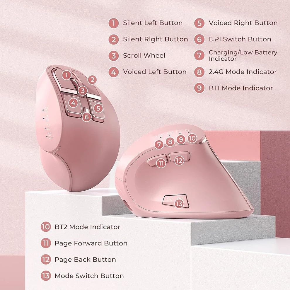 Vertical Mouse, Wireless Ergonomic Optical Mouse (BT 5.0 + Bluetooth 3.0 + USB Connection) with 9 Buttons, Rechargeable Computer Mouse for Wins PC/Laptop, Mac (Pink)