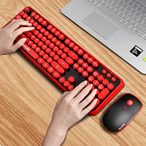 Red Color Keyboard and Mouse Wireless,Retro Typewriter Style Round Keys