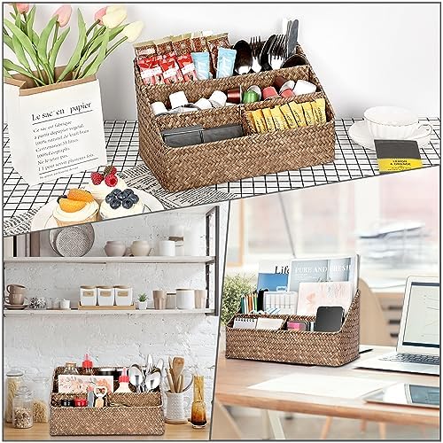 BTSKY Woven Storage Basket, Seagrass Desk Organizer with 4 Compartments