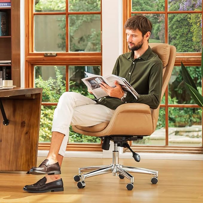 Glitzhome Modern High Back PU Leather Chairs Computer Desk Chair, Task Chair with Lumbar Back Support Adjustable Office Chair Executive Swivel Chair(Camel)