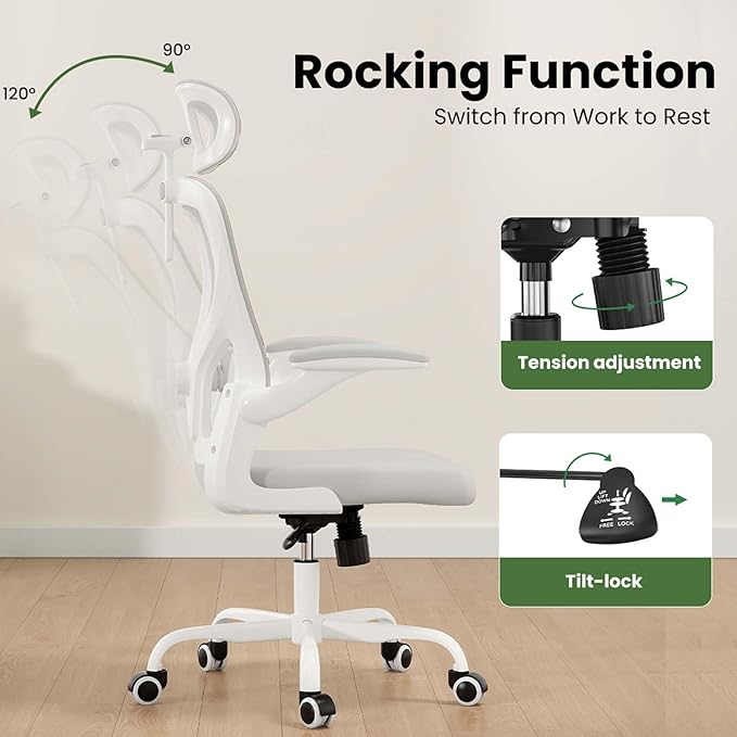 Ergonomic Mesh Office Chairs with Lumbar Support and Adjustable Headrest, High Back Comfortable Computer Desk Chair with Wheels and Armrests, Home Office Rolling Gaming Chair, Max Load 350 lbs (White)