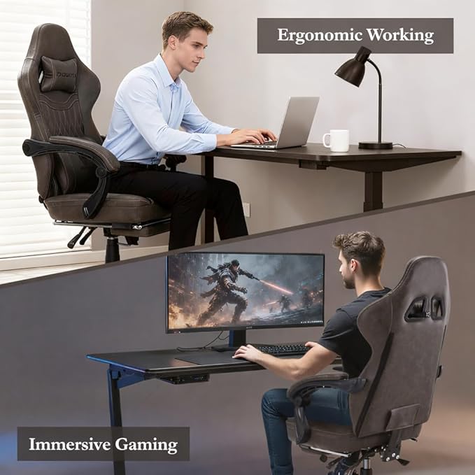 Dowinx Gaming Chair Breathable PU Leather Gamer Chair with Footrest Massage Lumbar Support, Big and Tall Ergonomic Reclining Computer Chair with Pocket Spring Cushion for Adults Teens (Brown)