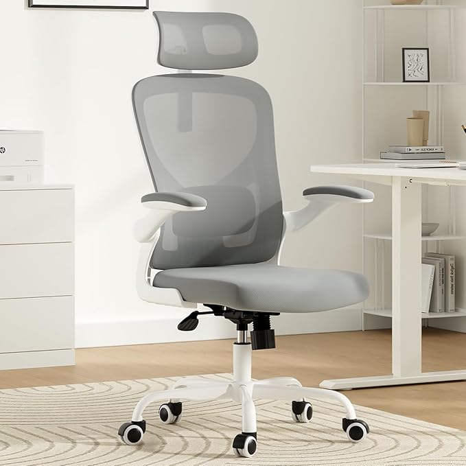 JOSHEN Breathable Mesh Elegance Office Chair, Modern Refined Office Chair with Adjustable Lumbar & Headrest, Minimalist Single Sofa Chairs for Home Office & Study, Gray,White