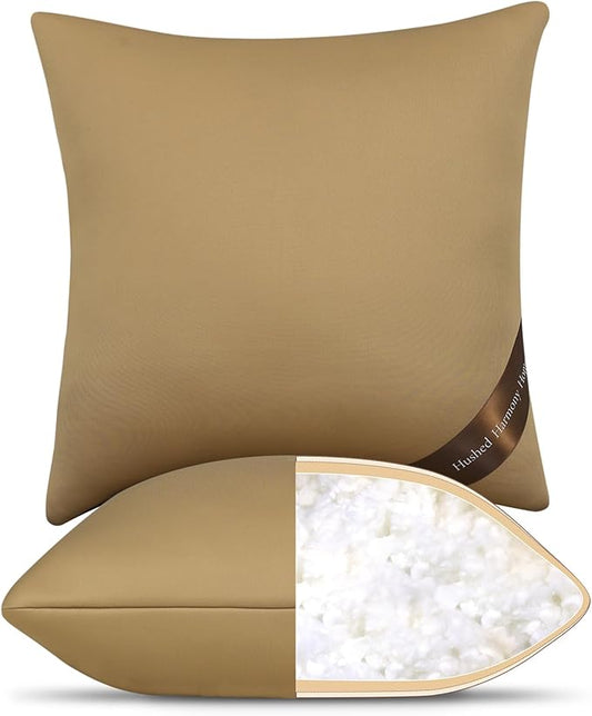 14x14 Pillow Inserts Set of 2- Shredded Memory Foam Pillow Forms - 3-Layer Hybrid Design for Lumbar Support, Small Throw Pillow Insert for Office Chair & Nursery Brown