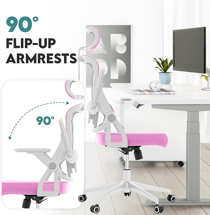 350 LBS Ergonomic Office Computer Mesh Chair - Adjustable Height Rolling Desk Chair with Flip-Up Armrests & High Back Support - Comfortable Swivel Task Chair for Home Office (01PINK)