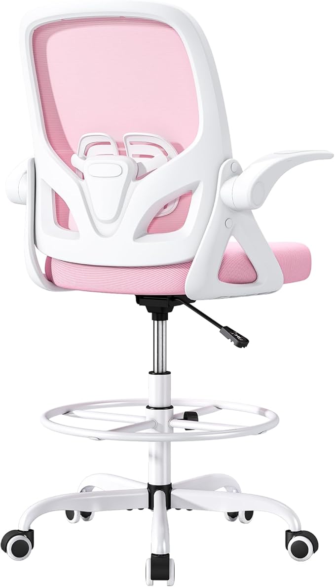 ORRSAKER Drafting Chair Tall Office Chair for Standing Desk, Breathable Mesh Ergonomic Computer Desk Chair with Flip-Up Armrests, Adjustable Lumbar Support and Footrest Ring,300 LBS，Pink