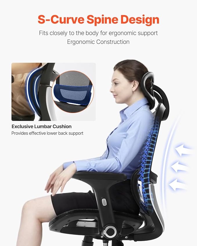 VEVOR Ergonomic Office Chair, High Back Home Desk Chair with Adjustable Headrest, Flip-Up Arms, 90-130° Tilt Lock & Wide Backrest, Lumbar Support, Computer Mesh Chairs for Man Woman, Black Task Chair