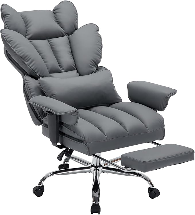 Garvee Big and Tall Office Chair, Executive Leather Office Chair with Footrest, 400lbs Ergonomic Gaming Chair for Adults, Wide Seat Computer Desk Chair with Lumbar Support, 150 Degree Reclining, Gray