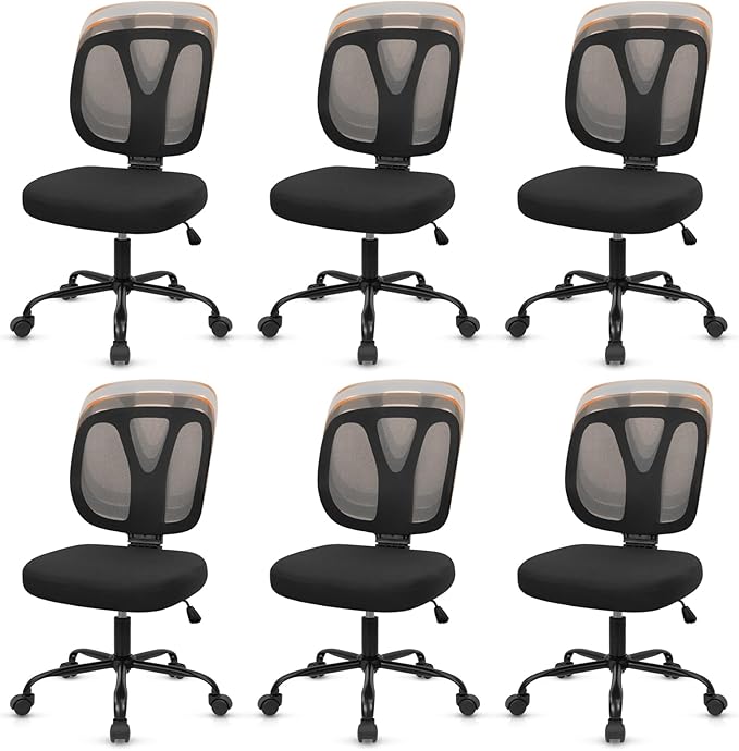 CLATINA Armless Home Office Chair, 360° Swivel Rolling Desk Chair with Lumbar Support and Wheels, Adjustable Height Mesh Back Small Ergonomic Computer Task Chair for Conference Waiting, Black(6 Pack)