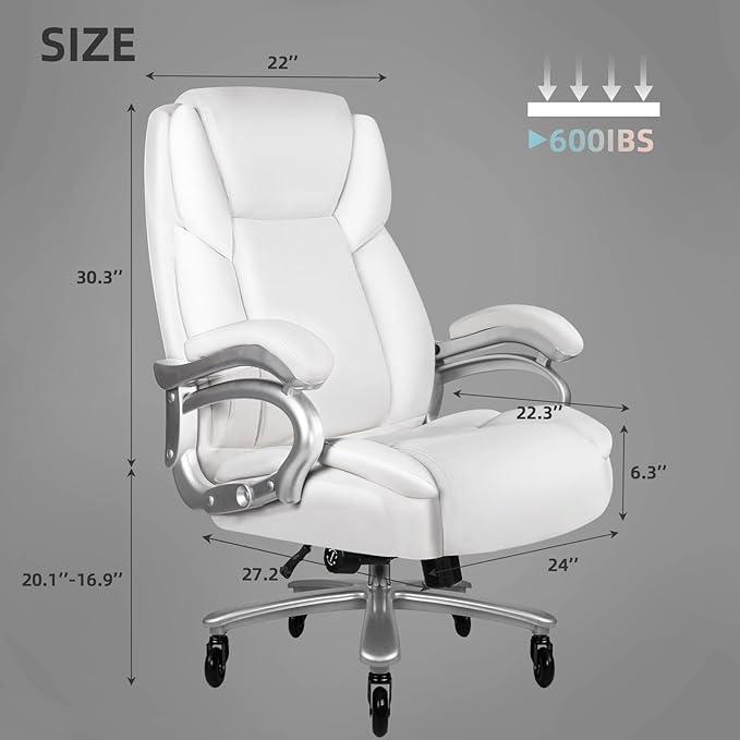 VITESSE 600lbs Heavy Duty Office Chair for Low Back Pain Relief, Big and Tall Office Chair with Ergonomic Lumbar Support, High Back Executive Chair with Quiet Rubber Wheel（White）