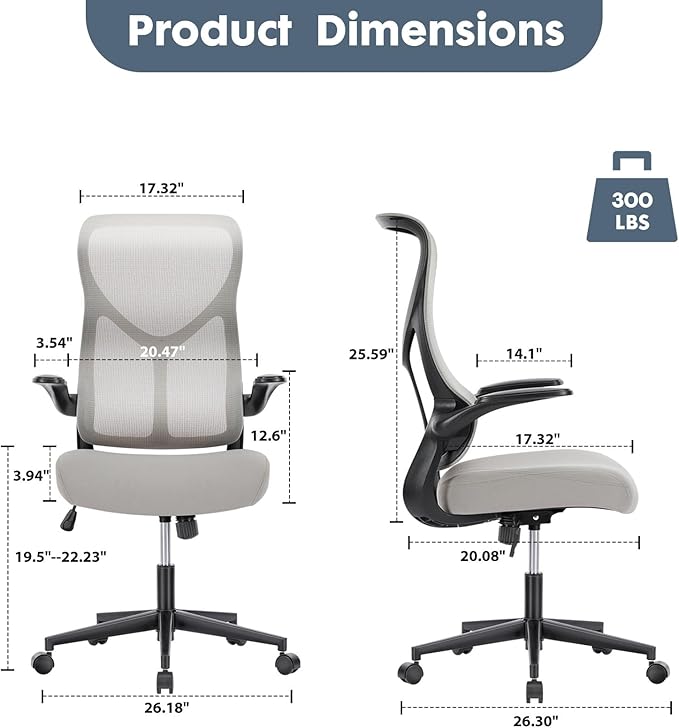 DUMOS Home Office Desk Chair - Ergonomic High Back Mesh Computer Chair with Comfy Flip-up Armrests, Adjustable Height Swivel Task Chair with Wheels, Comfortable Lumbar Support, for Adults, Gery