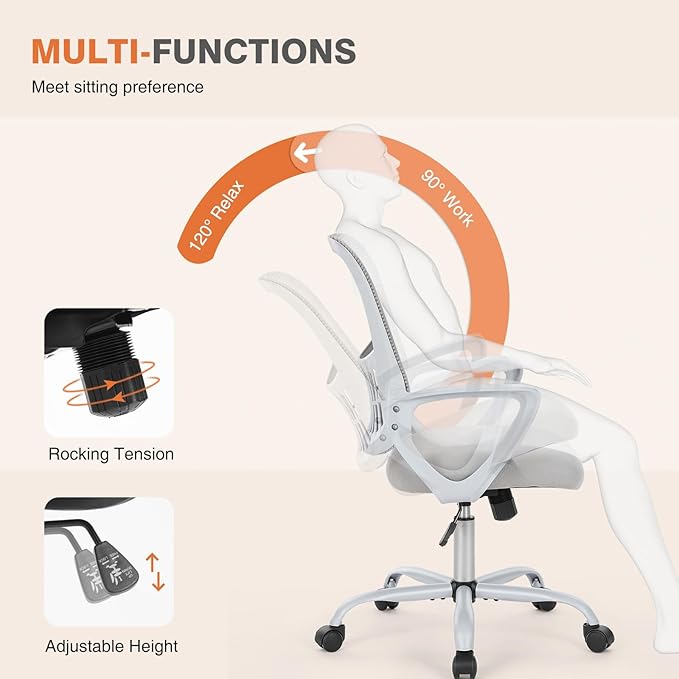 Sweetcrispy Ergonomic Mid-Back Mesh Home Office Desk Chair with Wheels, Managerial Executive Chair with Lumbar Support, and Comfortable Armrests for Home, Bedroom, Study, Office, Grey