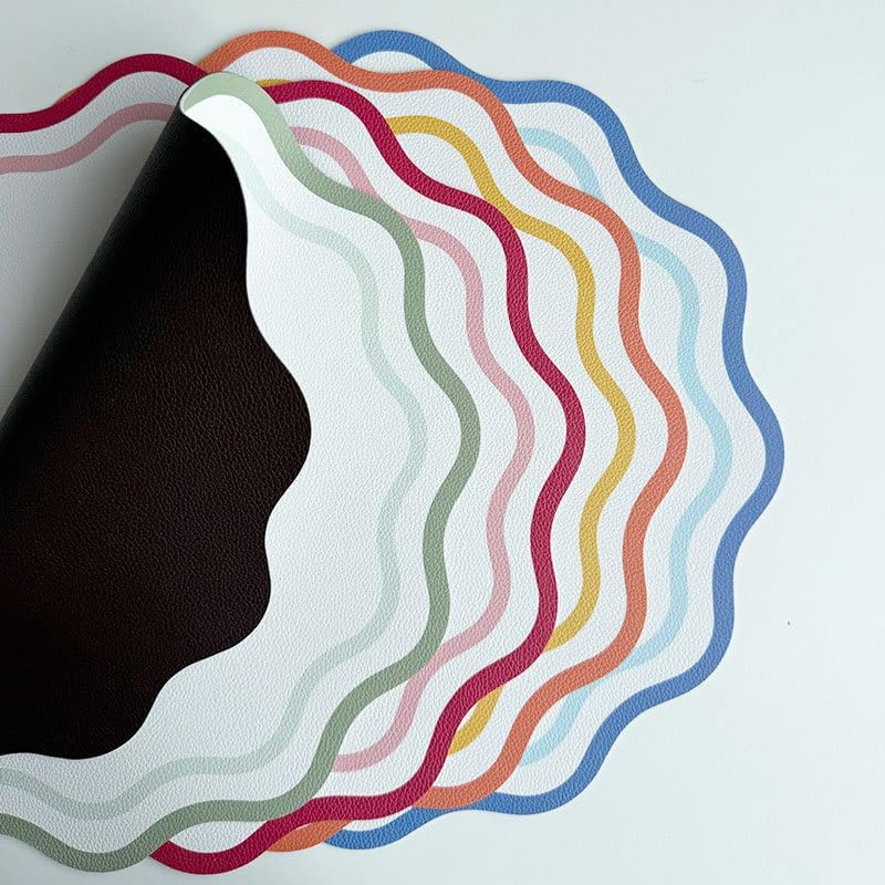 Printed Flower Shape Leather Placemat Insulated Table Mat for Kitchen Dining Table Striped Waterproof Heat-Resistant Plate Mat (Flower Orange,34cm Round)