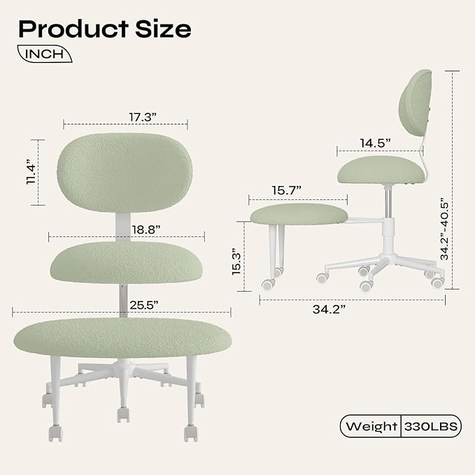 Pinmoco Ergonomic Cross Legged Office Chair with Wheels, ADHD Chair for Adults, Meditation Chair, Yoga Office Chair, Comfortable Back Support, Height Adjustable,Small Spaces, Teddy Fabric, Green