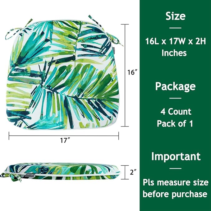Magpie Fabrics 17"x16"x2" U-Shape Chair Cushions with Ties 4 Count, Outdoor Indoor Waterproof All Weather Seat Pads Decoration for Patio Garden Dining Office - Green Palm Leaves