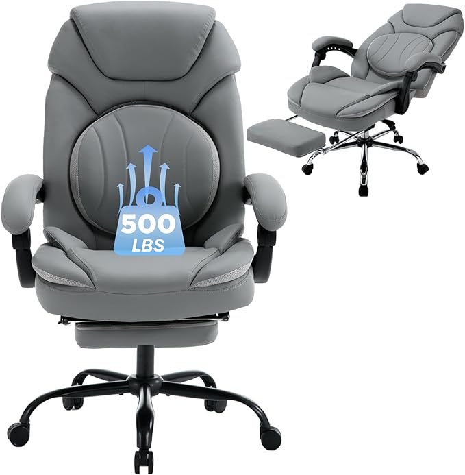Ergonomic Fully Reclining Office Chairs with Back Support Footrest, PU Leather Wide Seat Comfortable Recliner Office Desk Chair with Leg Rest, Grey