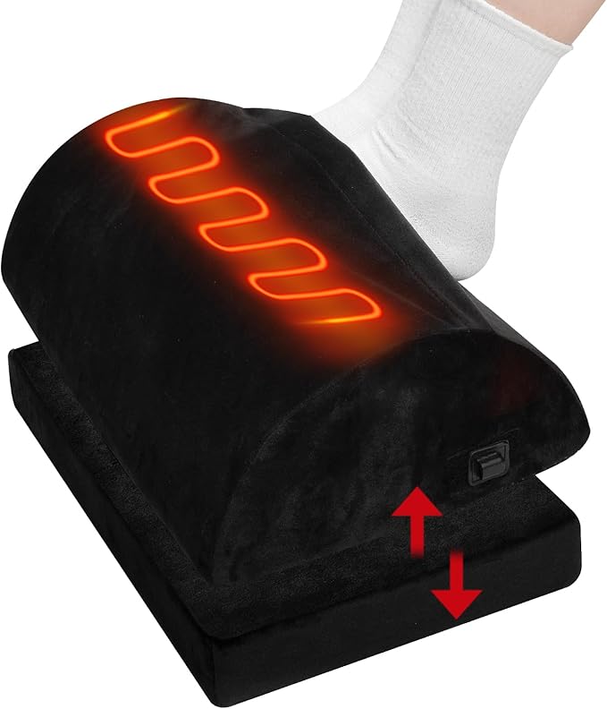 Heated Foot Rest Under Desk Footrest at Work, Foot Warmer Foot Stool with Double Layer Adjustable Height and Washable Cover, Handle Desk Foot Rest with Office Desk Accessories (Black)