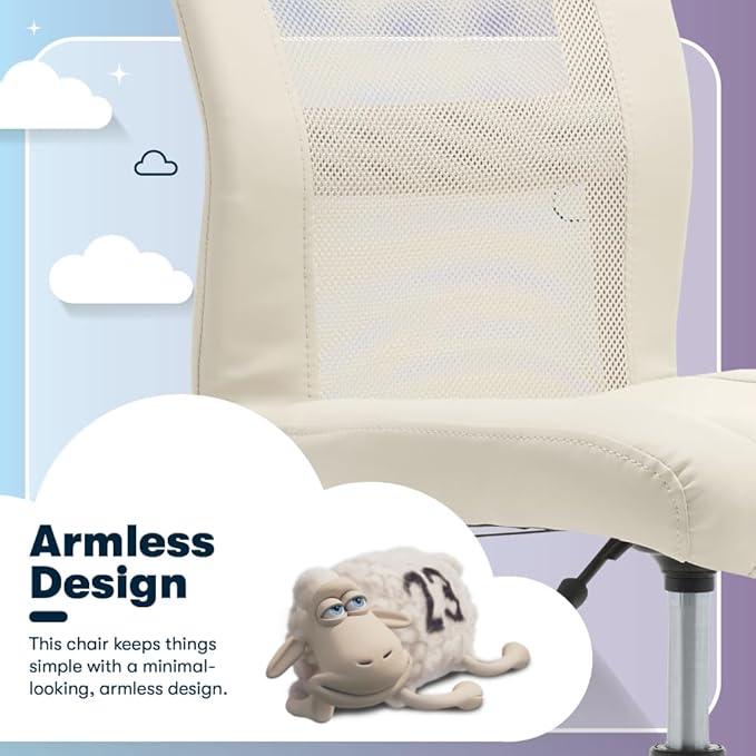 Serta Essential Armless Task Chair, Small Desk Chairs with Wheels, Breathable Mesh Back and Faux Leather, Quality Foam Cushion Seat for Comfort, Minimal Design for Vanity Table, Cream